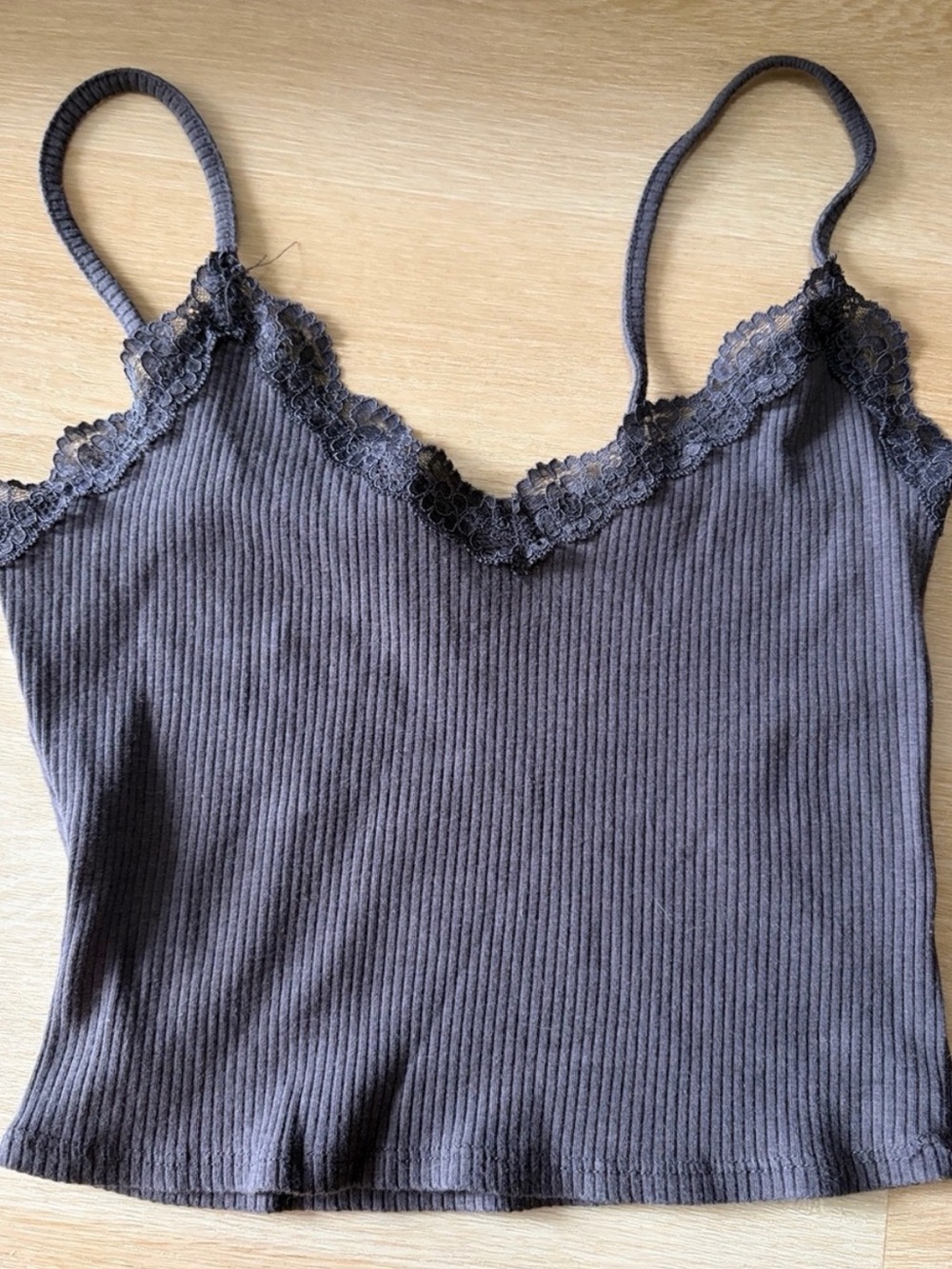 Garage Grey Ribbed Lace Trim Cropped Cami Tank S